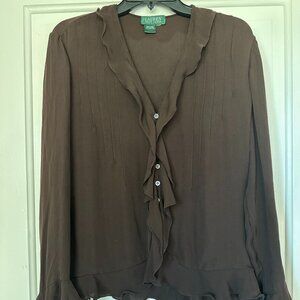 LAUREN RALPH LAUREN 100% SILK Sz 14 Brown Ruffle Sheer Long Sleeve Top Prep Y2K